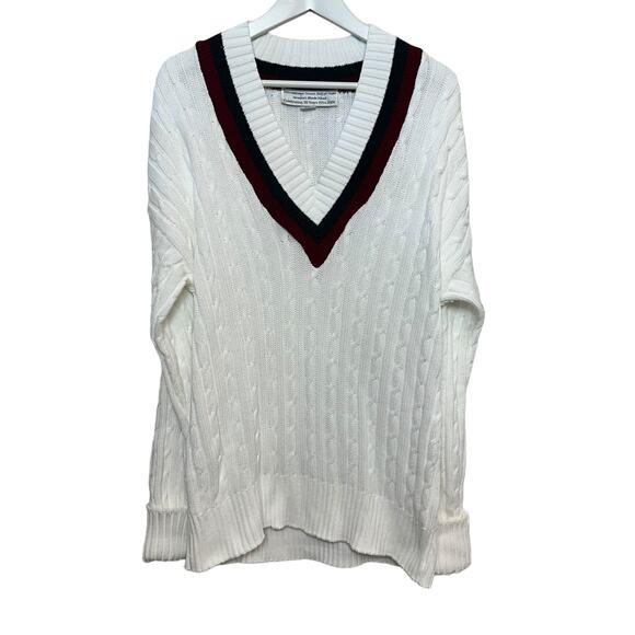Retro Y2K V-Neck Sweater Tennis Hall of Fame 50th Anniversary Cable Knit Large